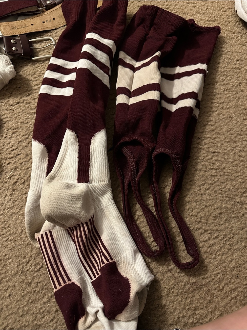 Men's Athletic Stirrup Socks in Maroon and White. Large bundle